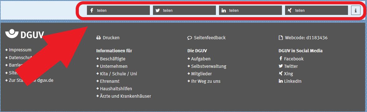Bild zeigt Leiste mit Links zum Teilen in den Sozialen Medien