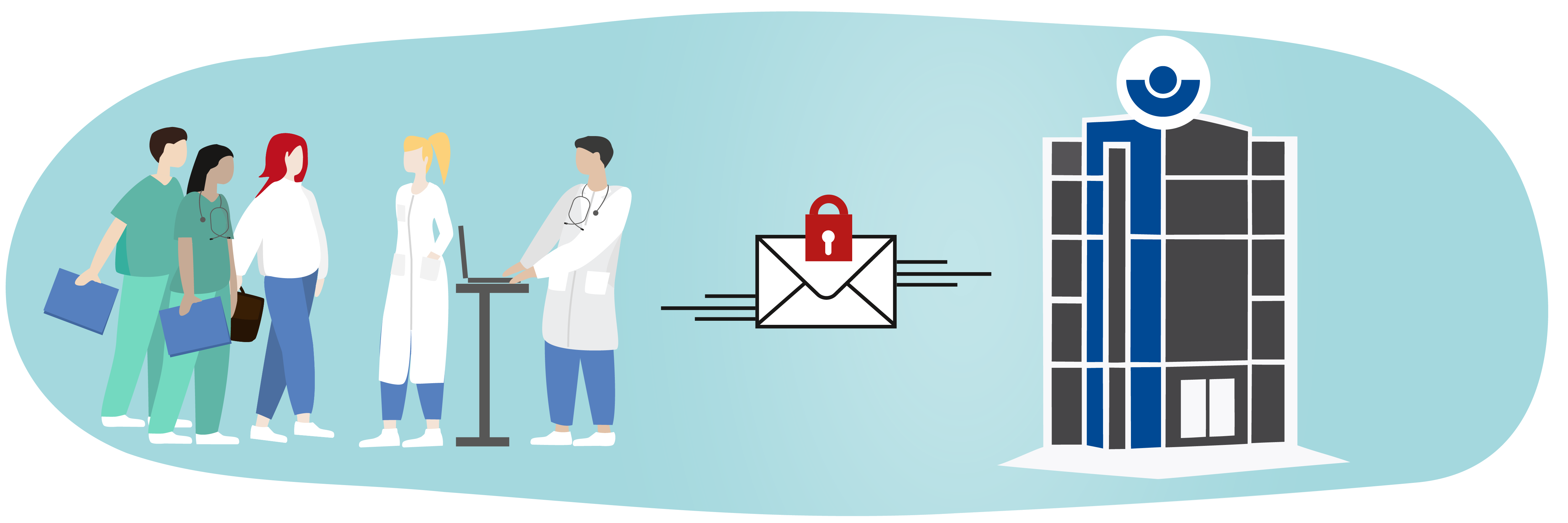 Schmuckbild: Rechts Medizinisches Personal. In der Mitte eine Brief mit einem Schloss. Links ein Hochhaus mit dem DGUV-Logo