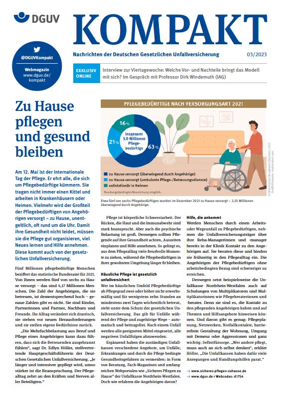 Titelbild DGUV Kompakt 3/2023 mit der Titelstory: Zu Hause pflegen und gesund bleiben