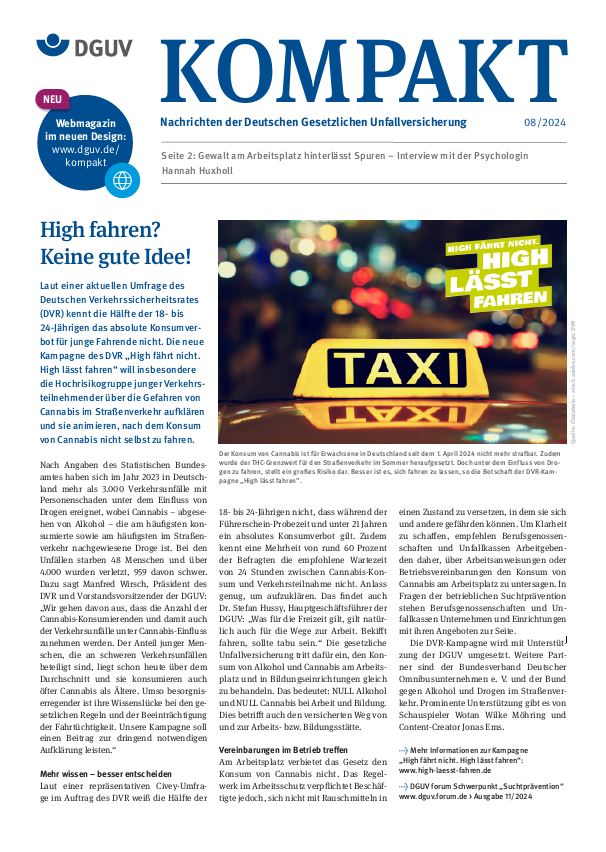 Titelbild DGUV Kompakt 8/2024; Titelstory: High fahren? Keine gute Idee